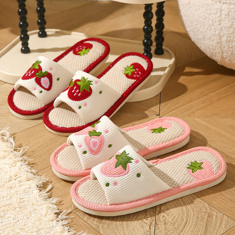 Home Textile - Erdbeerfarbene Leinen-Hausschuhe für Damen, offene Zehen,